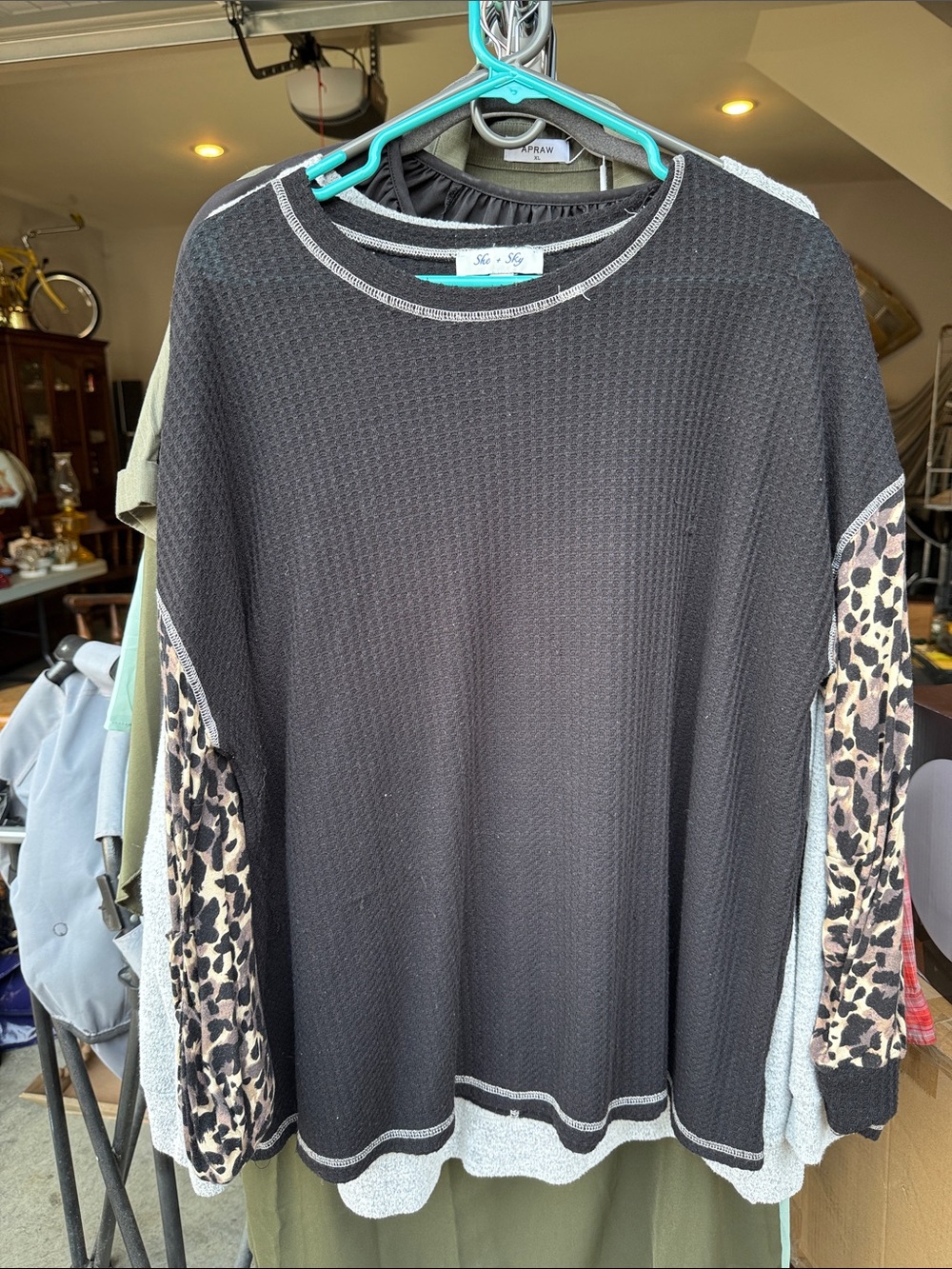 She + Sky Black Crewneck Sweater with Leopard Sleeve Panels